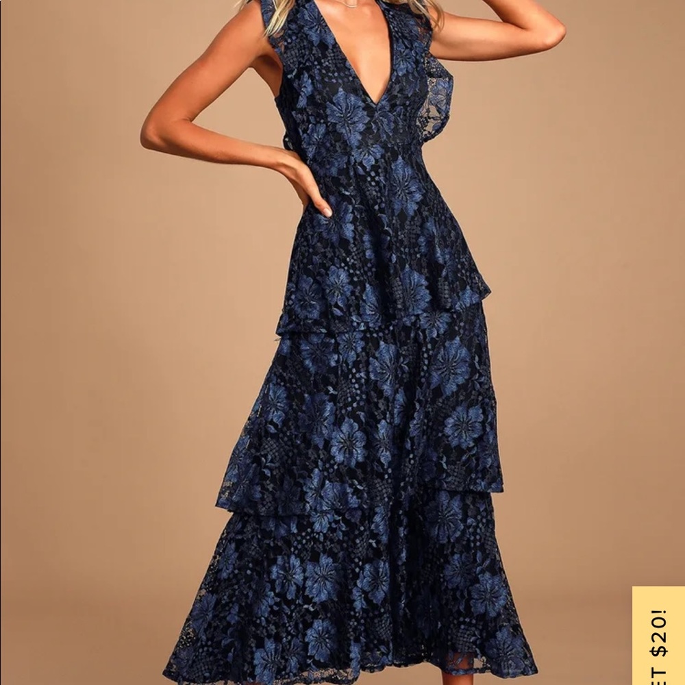 Molinetto Navy Blue Lace Ruffled Tiered Sleeveless Maxi Dress XS